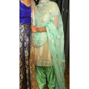 Indian pure silk suit pistachio gold bollywood
